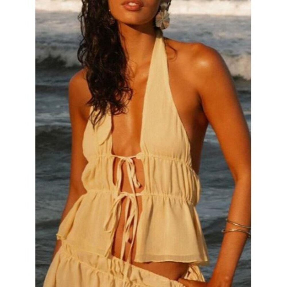 Peppermayo Dione Halter Top Women Size US 6 NWT Open Back Tie Neck Semi Sheer